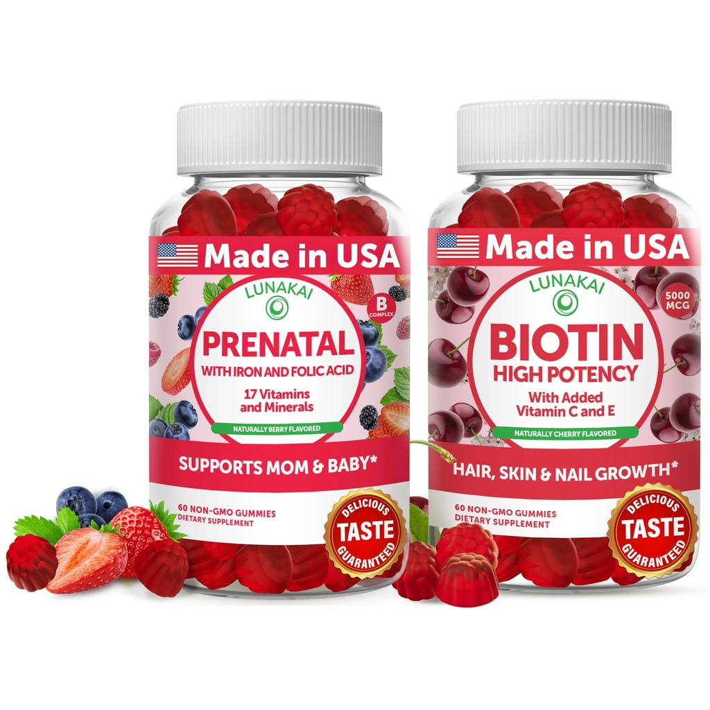 Pacote de pastilhas pré-natais e de biotina Lunakai - Gravidez Gummy multivitamínico com ferro e ácido fólico - Pele de cabelo e pregos Suplemento de crescimento com vitamina C e E - 30 dias de fornecimento