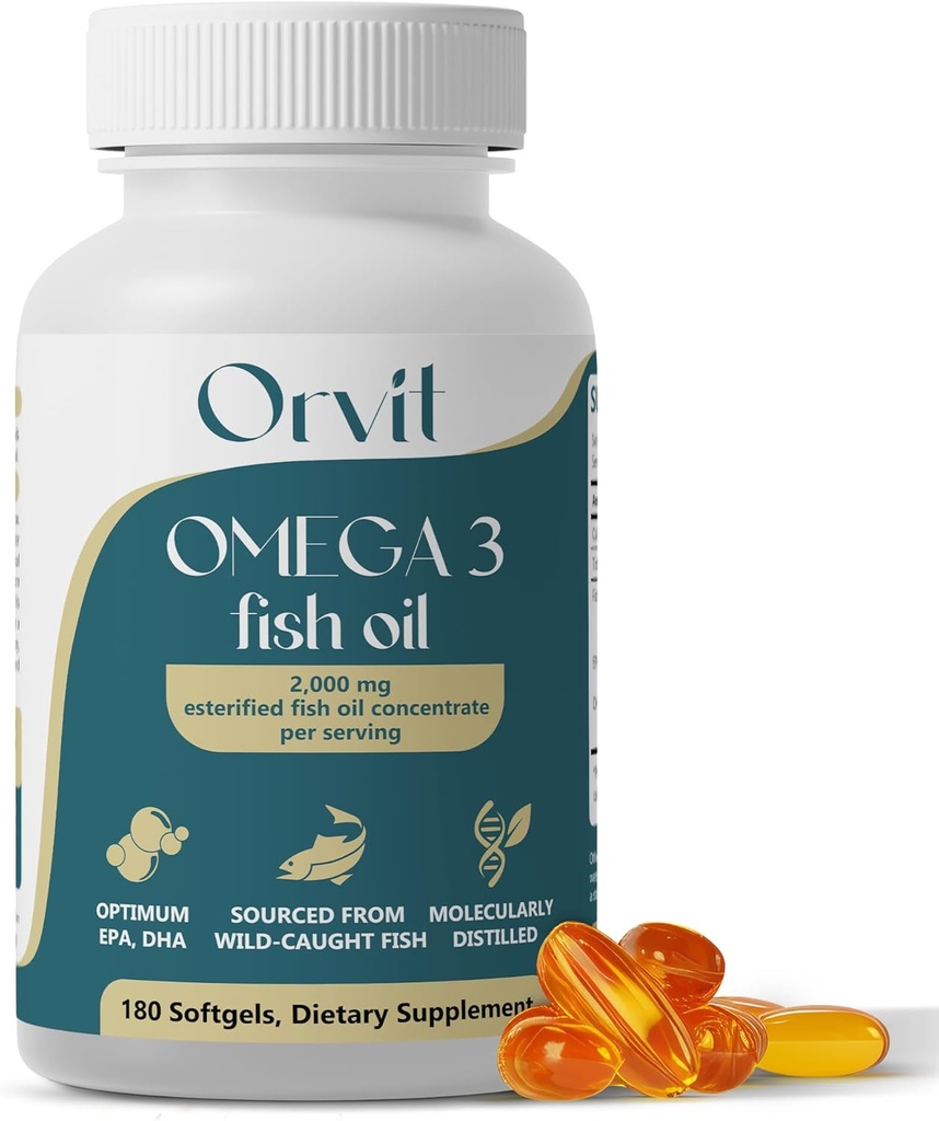 ORVIT Omega 3 óleo de peixe Softgel 2000 mg - Ultimate EPA DHA Suplemento para homens e mulheres - Arroto - Sem gosto de peixe - Sem sabor 180 Softgels - Orgânico, Não OGM - Made in the USA