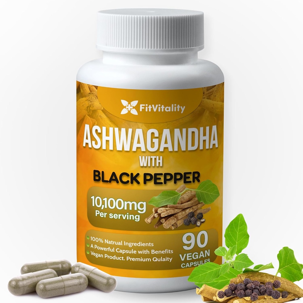 Cápsulas de Ashwagandha, 90 Cápsulas Vegan, 10,100 Mg por cápsula – 100% Natural Ashwagandha Extrato de Raiz Pó e Extrato de Pimenta Negra, Não-GMO, Sem glúten