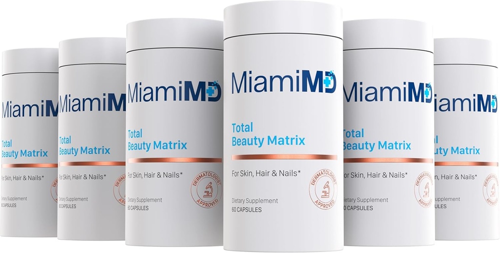 MiamiMD Total Beauty Matrix Collagen Supplements for Women - Cápsulas de colágeno com vitamina C para cabelo, pele e unhas - Cruelty Free - (60 Cápsulas) - 6 Embalagem