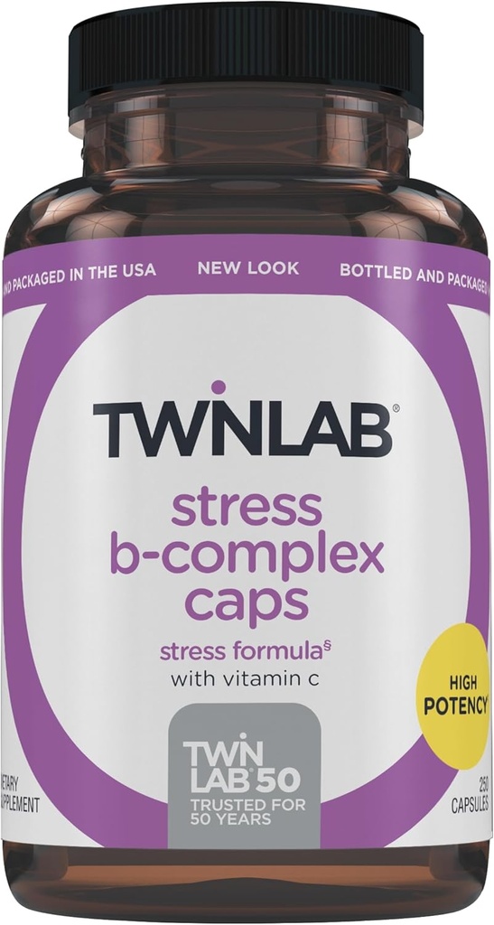 Tampas Twinlab Stress B-Complex - Suplemento de suporte energético com cápsulas de vitamina B12 e B6-250
