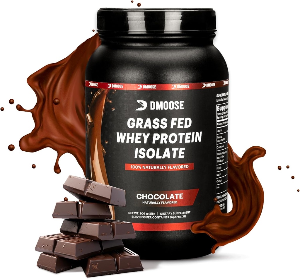 Pó de proteína de whey alimentado de grama DMooose - para o crescimento e recuperação muscular, naturalmente adoçado e aromatizado, rico em aminoácidos, rápida absorção Fórmula de desempenho (2 Lbs, Chocolate)