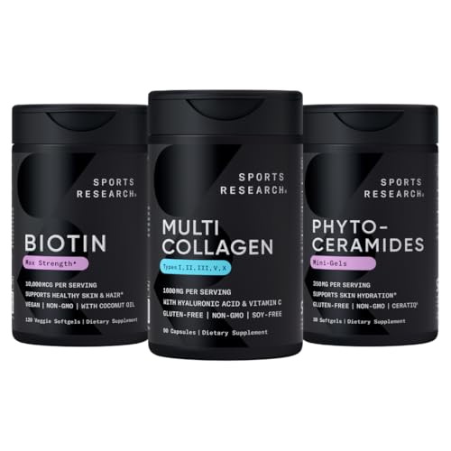 Esportes Pesquisa Vegan Biotin 10.000mcg com óleo de coco, Pílulas de colágeno multi (Tipo I, II, III, V, X) Hidrolisado Colágeno Peptídeos com ácido hialurônico + Vitamina C & Fitoceramidas 350mg por Softgel