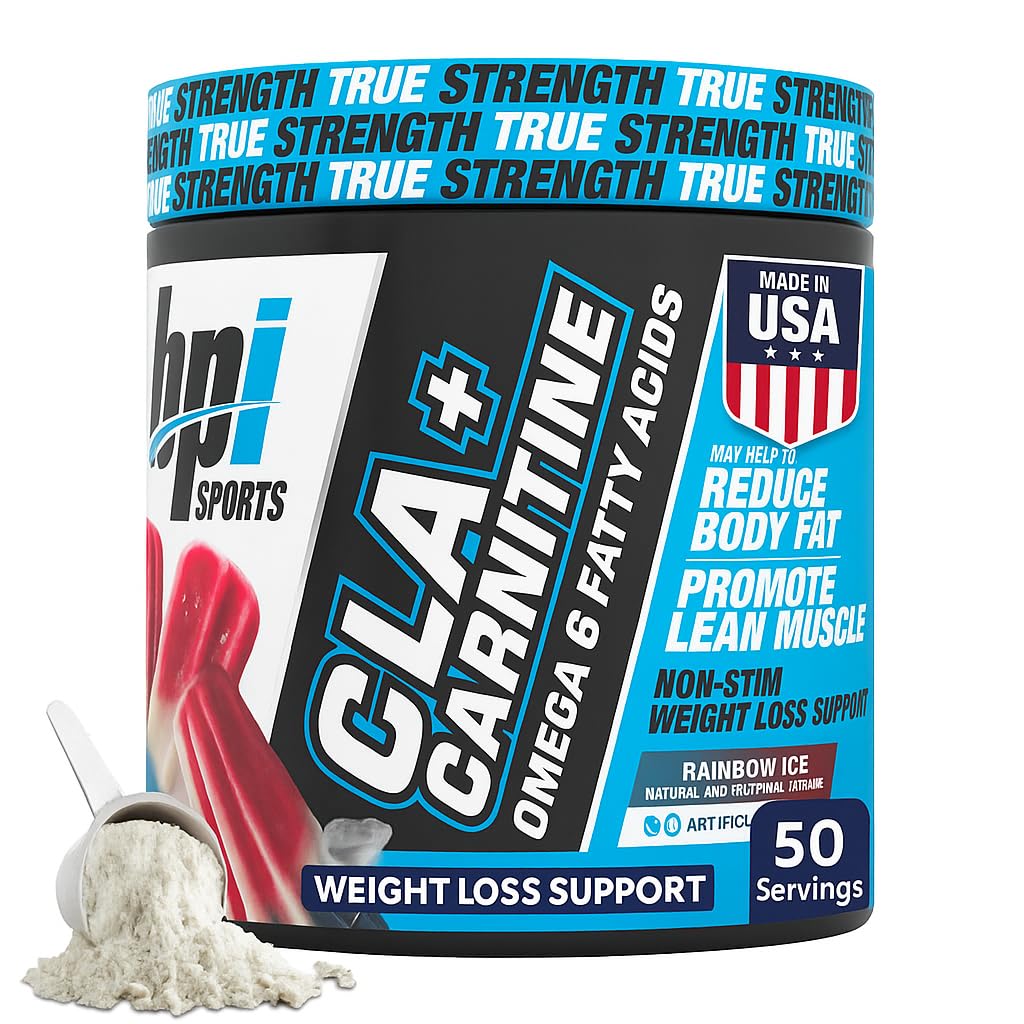 BPI Sports CLA + Pó de Carnitina – Queimador de gordura não estimulante para perda de peso, metabolismo e músculo magro – Cafeína Livre – Arco-íris Gelo – 50 Servings – 12,34 oz
