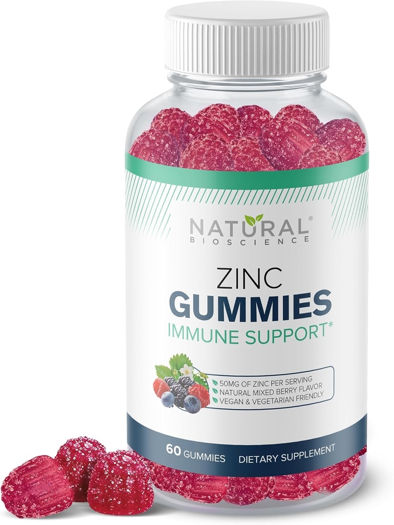 Zinc Gummies 50mg - Suporte imunológico de alta potência, Saúde da pele, Antioxidante, Suplemento diário de imunidade para adultos, Vegan, Sem glúten, Não-GMO, Gummies citrato de zinco mastigáveis, 60 chicletes