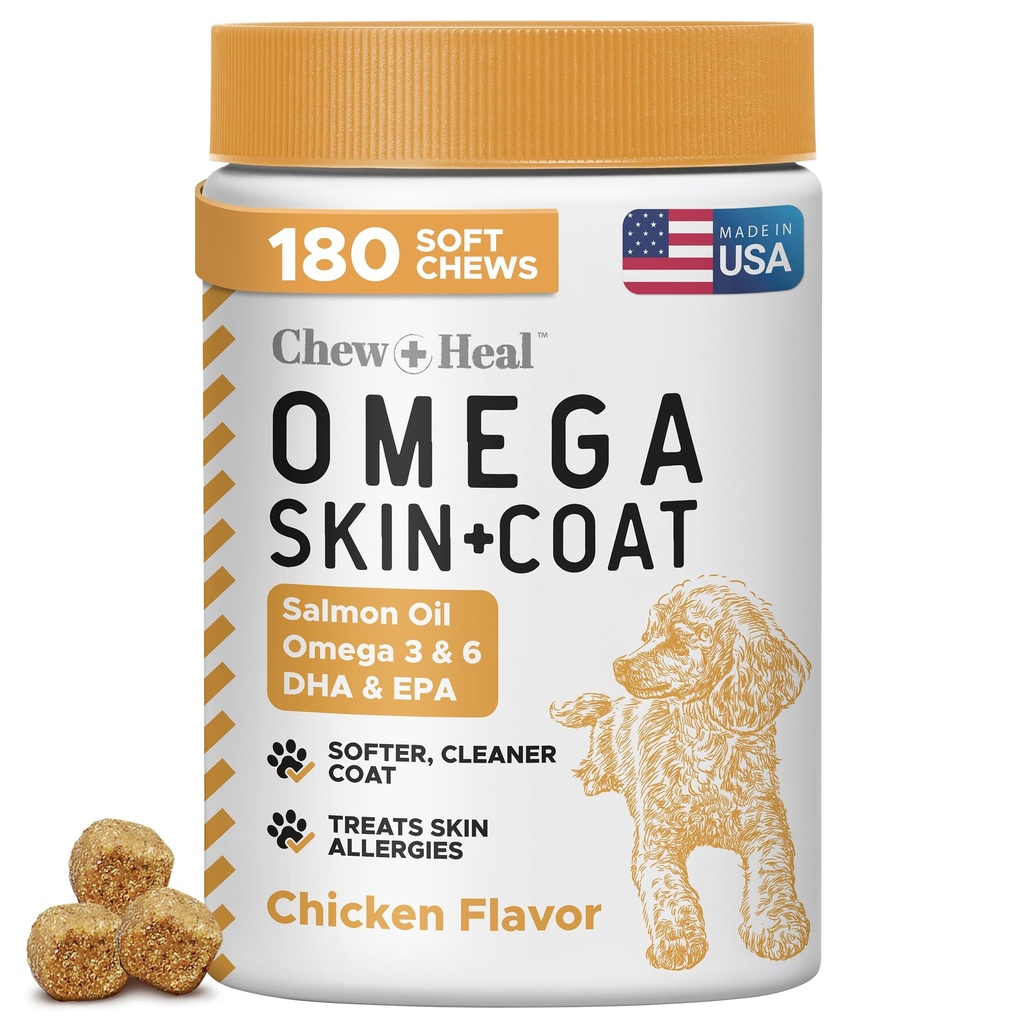Óleo de salmão para cães - 180 mastigar macio Omega Doces para pele e casaco - mistura de óleo de peixe de ácidos gordos essenciais, Omega 3 e 6, vitaminas, antioxidantes e minerais - Made in USA
