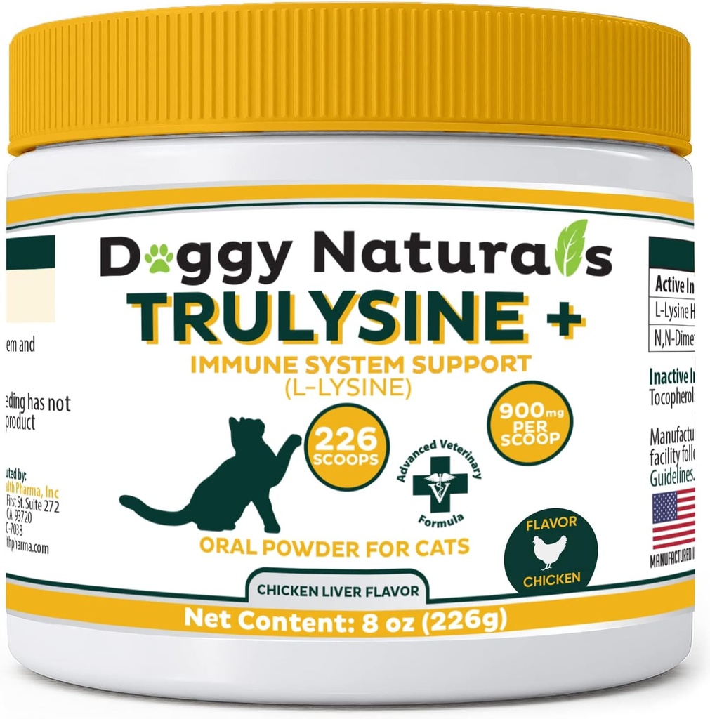 Trulysine Plus L-Lysine para gatos Suporte Imune pó oral 8oz/226g - Gatos e gatinhos de toda a idade, espirros, Nariz runny Squinting, Olhos aguados Flavor de fígado de frango (EUA) (226 Grams (900mg / Scoop))
