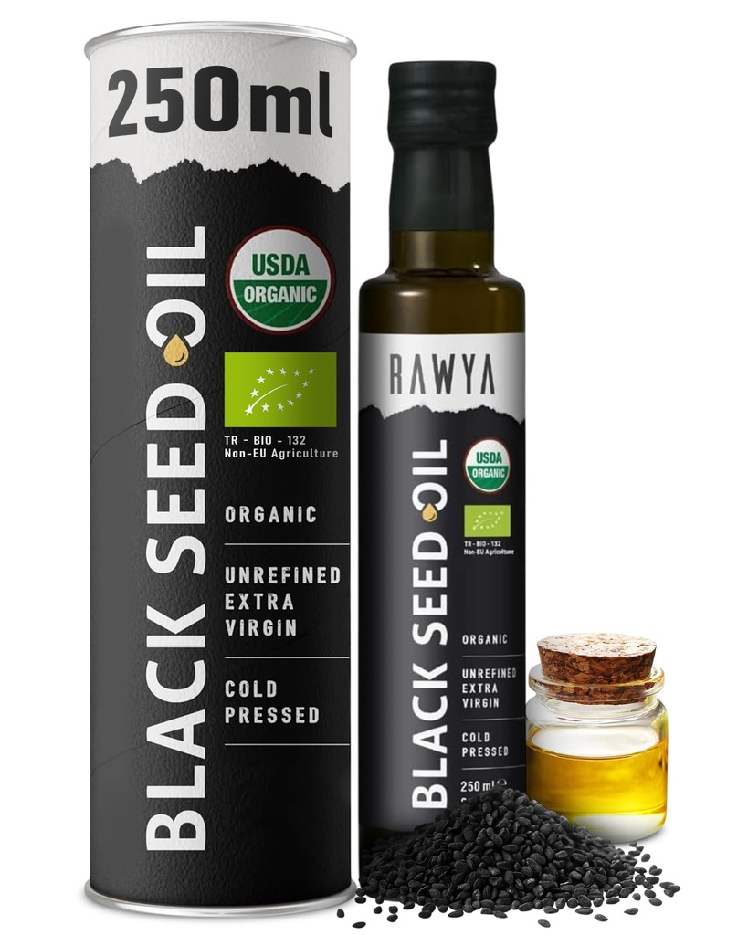 RAWYA Black Seed Oil - USDA Organic Certified - Cold Pressed - 8.4 Fl oz - Extra Virgin - Turkey Black Cumin Seed - Premium Nigella Sativa com Thymoquinone - Kalonji - Non-GMO, Gluten-Free - Nutritional Supplements - Extra Strong Taste