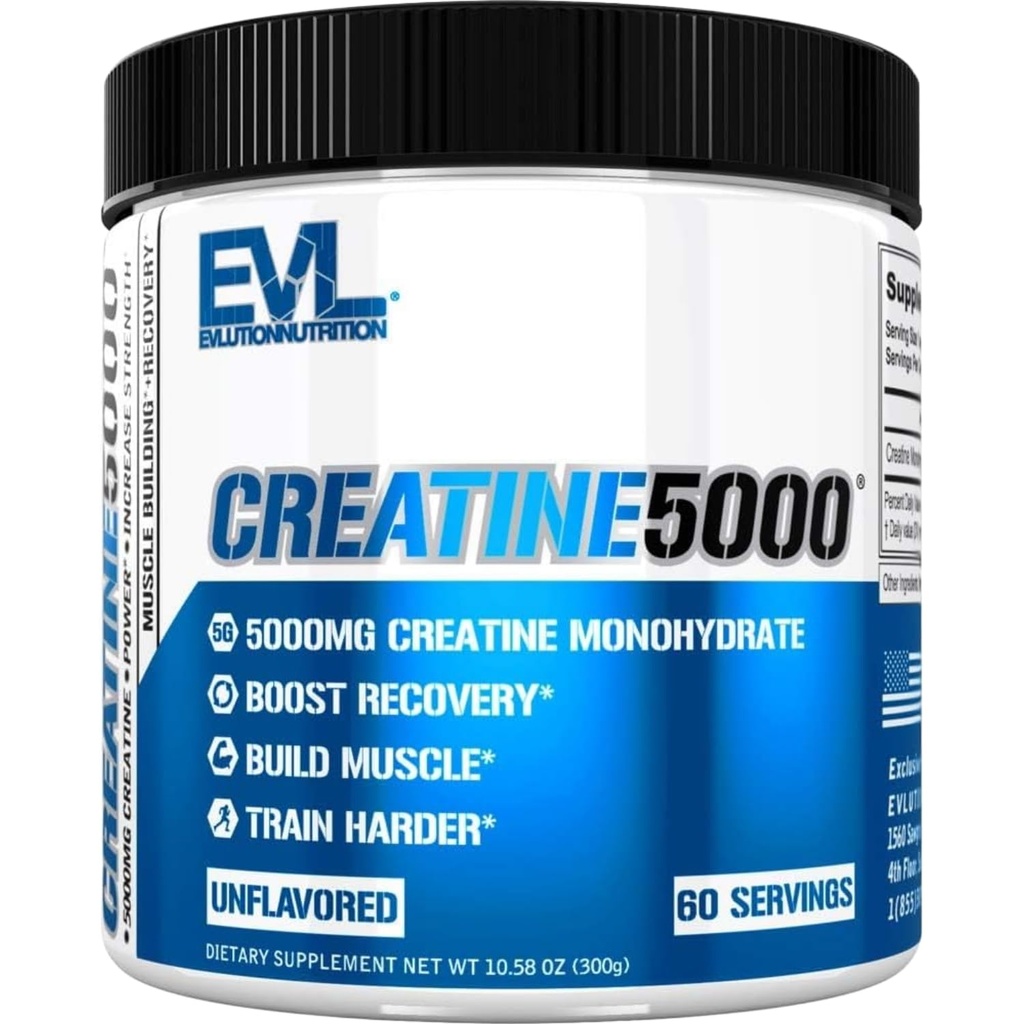 Evlution Nutrition Creatine 5000 - Suporta Recuperação Mais Rápida, Crescimento e Desempenho do Músculo Lean - Pré e Pós Treino Pó - 5000mg Puro Creatina Mono-hidratado Por Servimento - 60 Servings - Sem sabor