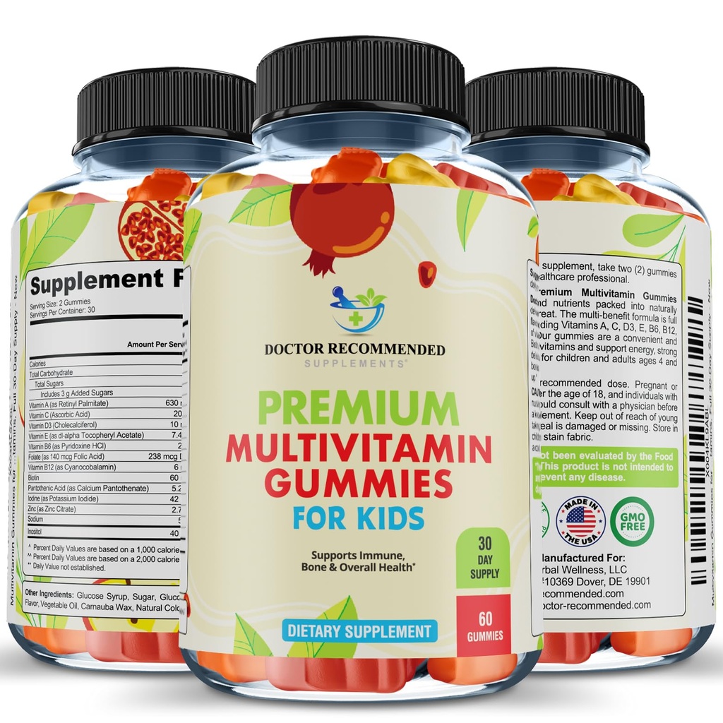 Pastilhas multivitamínicas Premium para crianças e crianças - mastigáveis Vitaminas Diárias Essenciais A, C, D3, E, B6, B12, Biotina - Sem alta-frutose-Syrup ou Adoçantes Artificiais - 60 chicletes, suprimentos de 30 dias