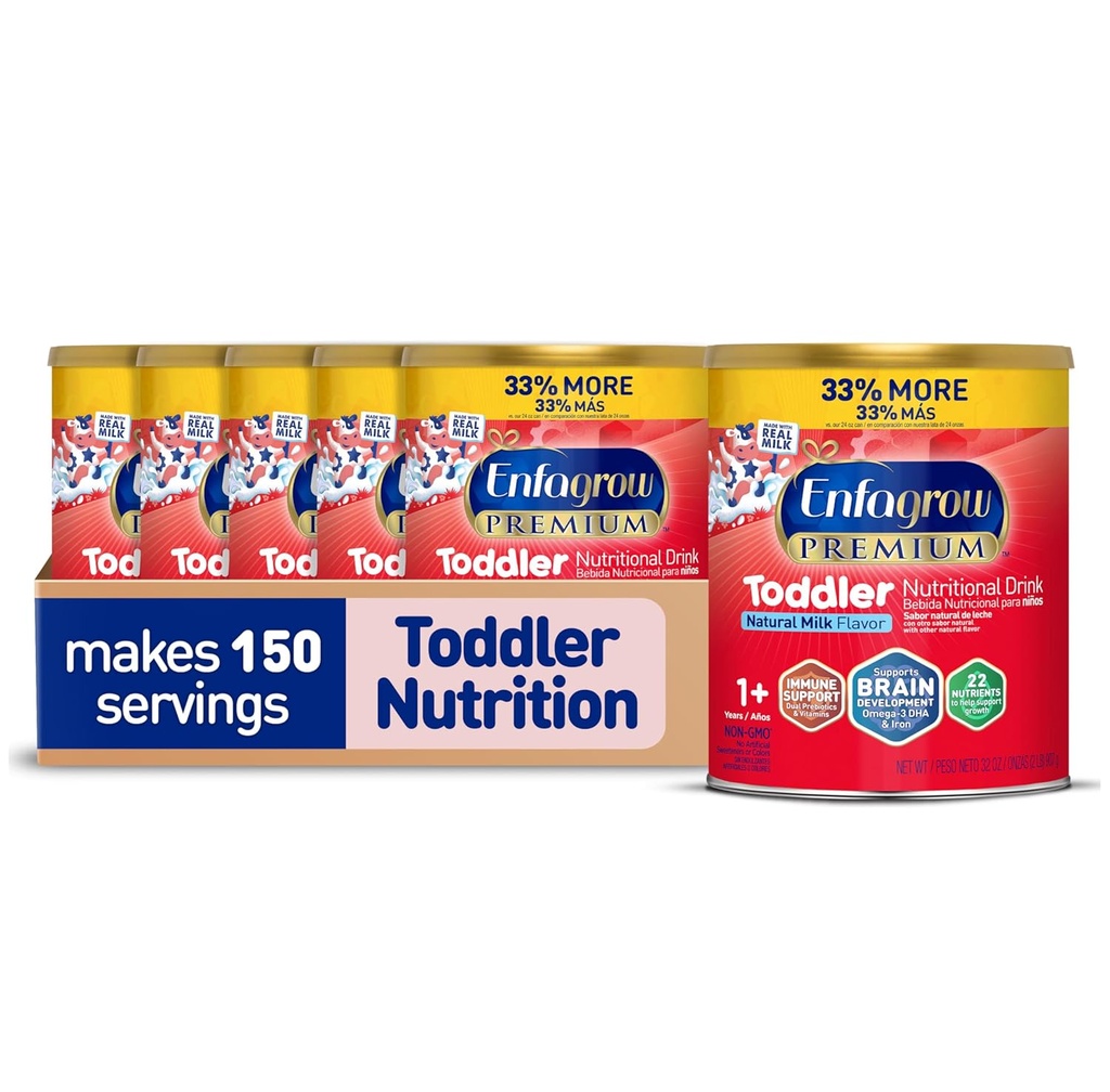 Engagrow PREMIUM Bebida Nutricional Toddler, Feito com Leite Real, Construção de Cérebro Ómega-3 DHA, Nutrientes e Prebióticos para Crescimento e Apoio Imune, Não-GMO, Pó de Leite Toddler, 32 Oz Can, 6 Contagem