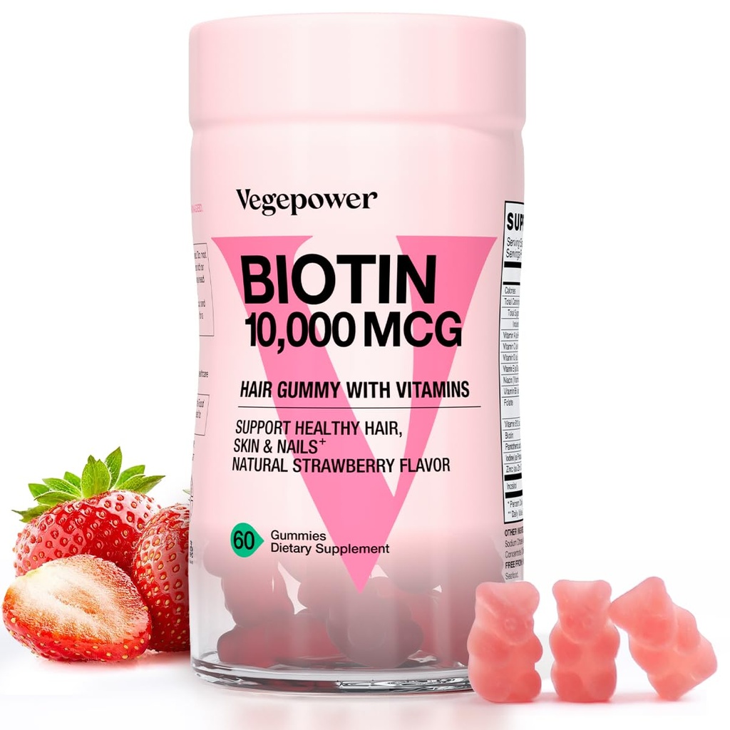 Biotin Gummies para o crescimento do cabelo 10000mcg - Vegan Biotin Vitaminas Suporta Cabelo Saudável, Pele e unhas, Vitamina Gummy cabelo para mulheres e homens - Não-GMO, Suplemento mastigável