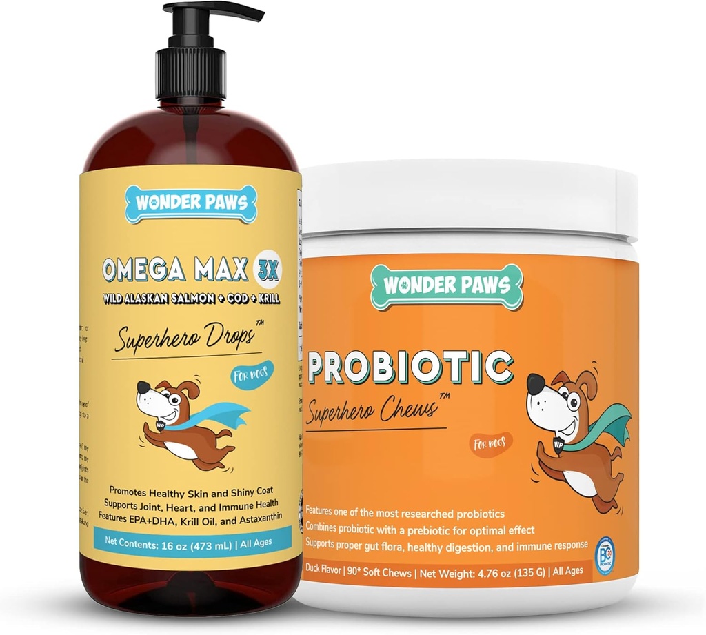 WONDER PAWS Omega Max Fish Oil Plus Mastigações probióticas - para a saúde do cão comum, umidade da pele, Gut Saúde & Bem-Estar Diário - Omega Max 16 Ounces - Probiótico 90 Mastigações
