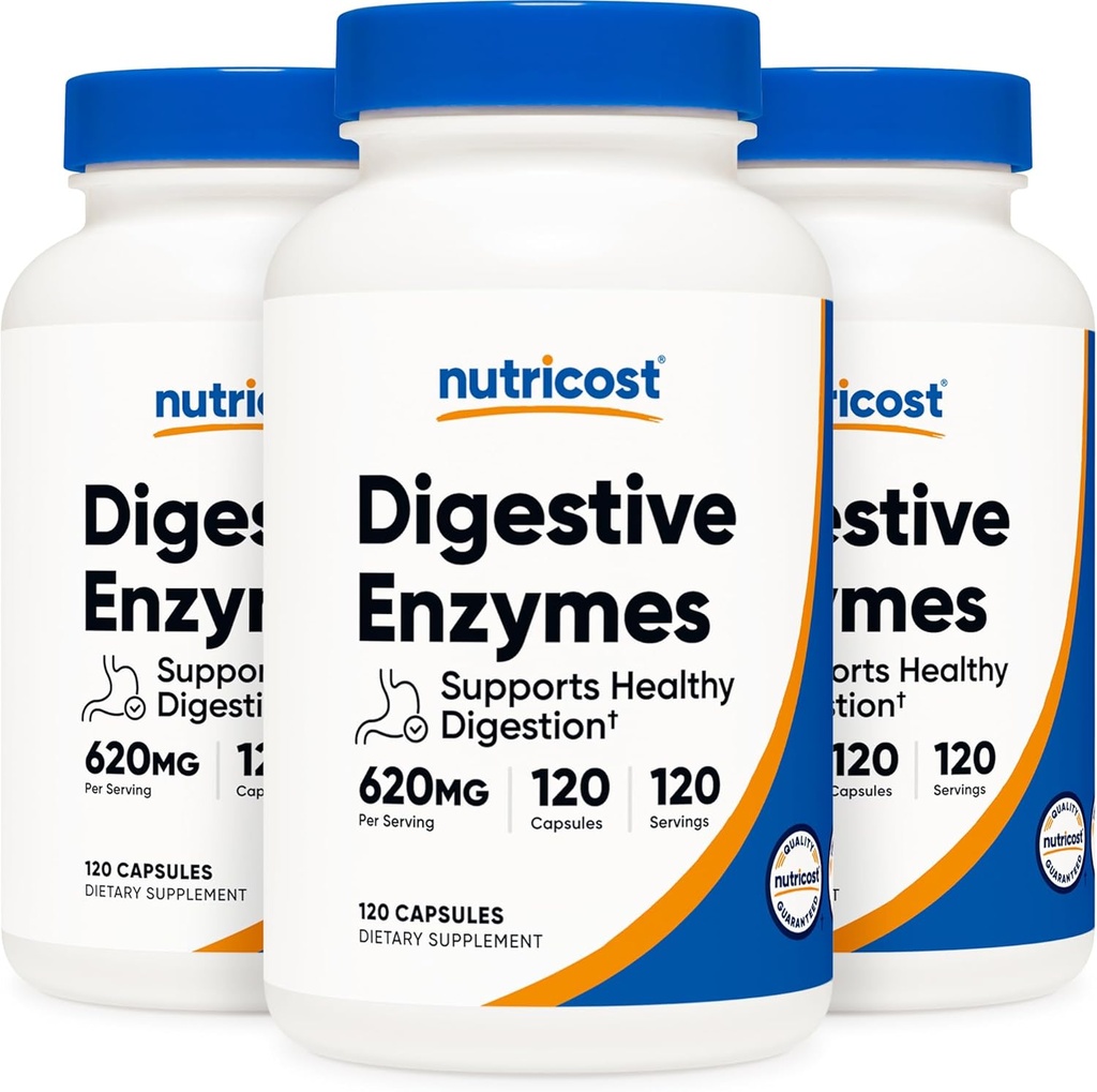 Nutricost Digestive Enzimes 620mg, 120 Cápsulas Veggie (3 Garrafas) - Suplemento Digestivo Completo
