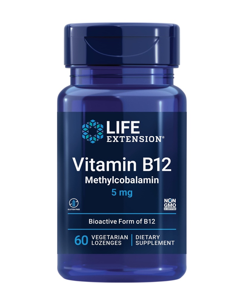 Extensão de vida Vitamina B12 Metilcobalamina, Nerve Health Supplement, Suporte Cognitivo, Vitamina Energética, metilcobalamina B12, 5 mg, Solução rápida, Sem glúten, Não-GMO, Vegetariano, 60 pastilhas