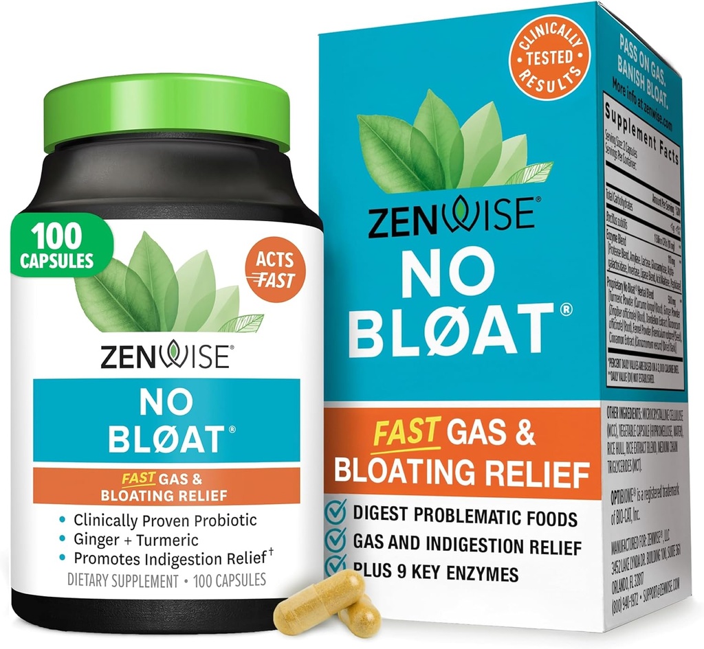 Zenwise Health No Bloat Digestive Enzymes for Gut Health, Gas & Bloating Alief - Multi Enzimas Digestion Supplement with Probióticos, Ginger, Acumérica Dandelion & Lactase - Homens & Mulheres - 100 Contagem
