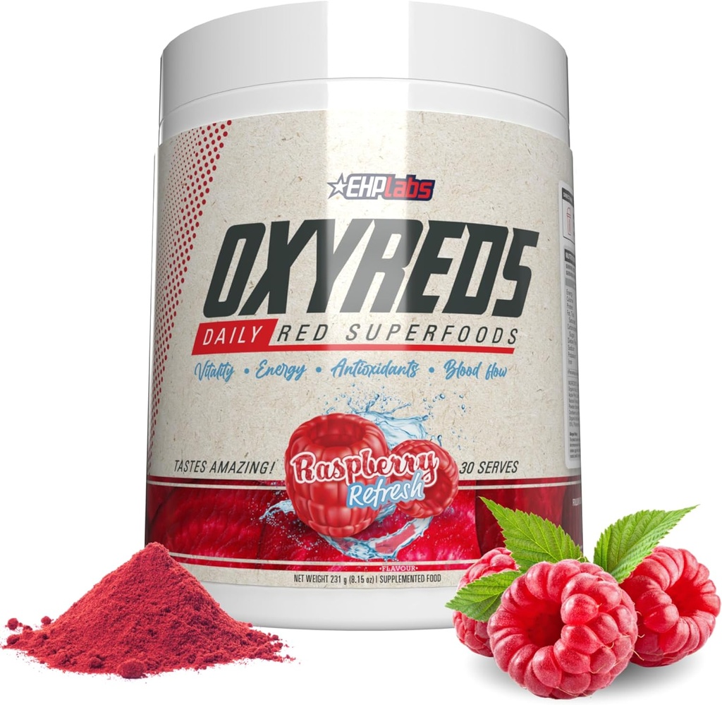EHP Labs OxyReds Superfood Beets Powder - Suplemento de óxido nítrico, Raiz de beterraba orgânica em pó, Imune Support Supplement & Prebióticos para a saúde digestiva, Beet Powder - Raspberry Refresh, 30 Servings