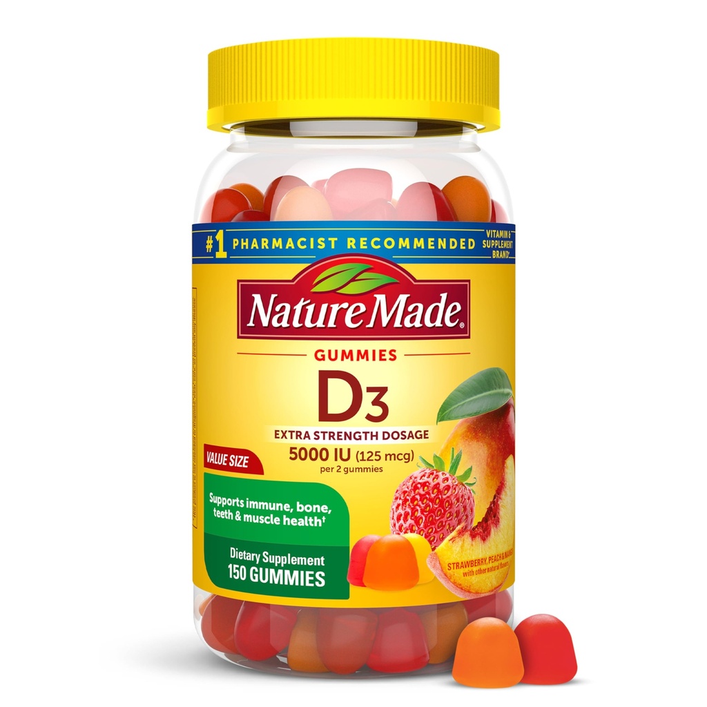 Nature Made Vitamina D3 5000 UI Por Gummies Servindo Força Extra, Apoio à Saúde Óssea e Imune, 150 chicletes Vitamina D para Adultos, 75 dias de fornecimento