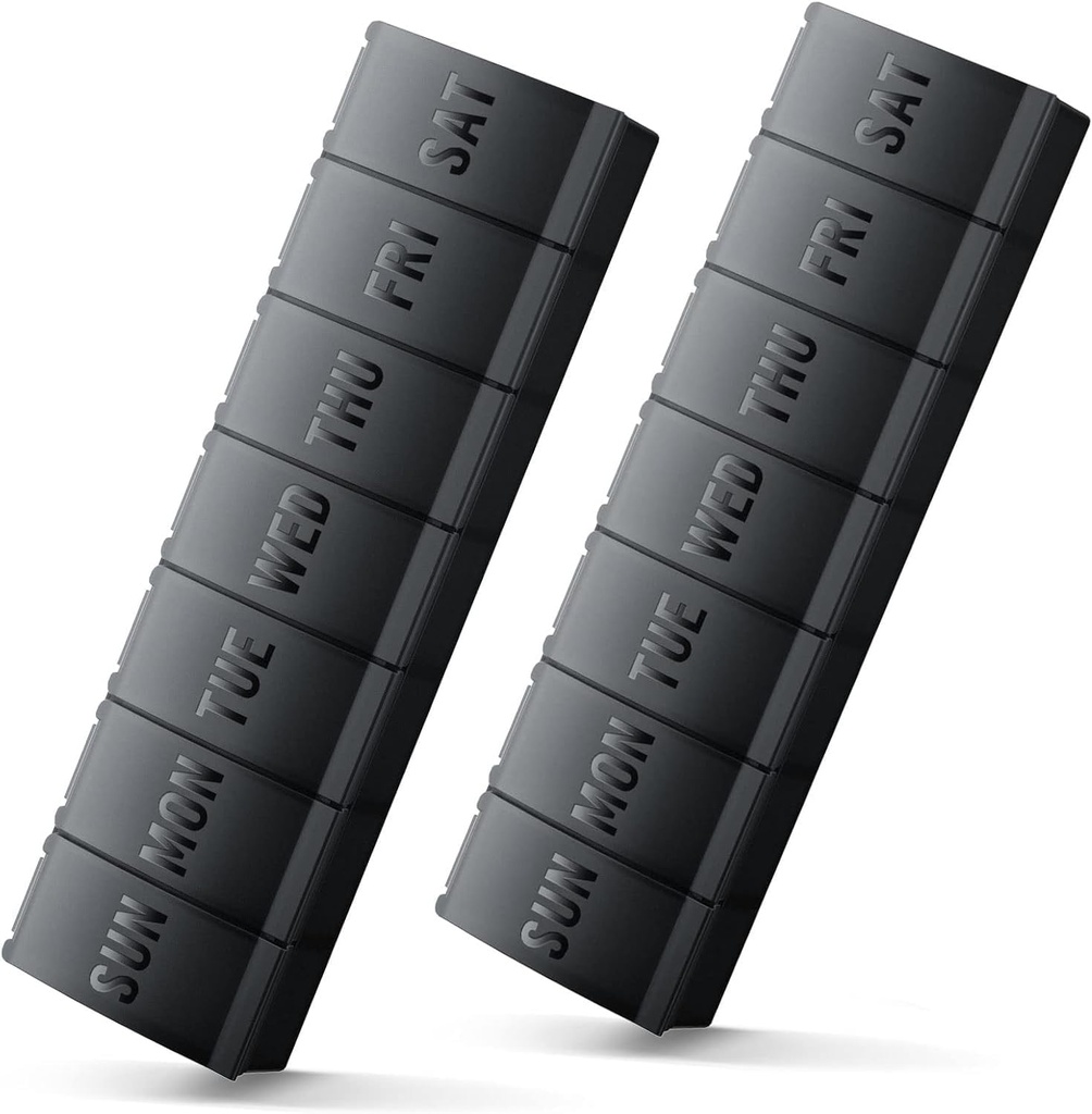 Organizador de comprimidos grande 2 Pack, Organizador de comprimidos fácil-aberto semanal, Organizadores de comprimidos diários XL, Organziers de pílulas de medicina de 7 dias, Caixa de remédios 7 Dia para grandes suplementos de vitaminas (Duplo Preto)