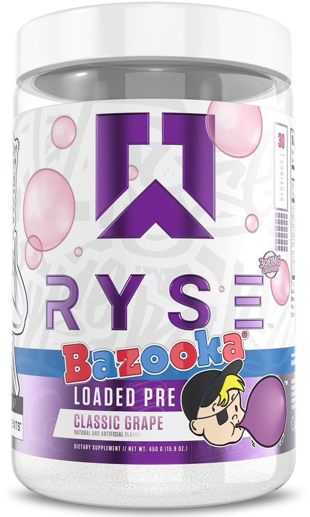 RYSE Carregado pré-treino em pó - Bazooka Grape - Pré-treino diário para homens e mulheres com 390mg de cafeína, Beta Alanine, e Citrulina para bomba, foco e energia - 30 Servings