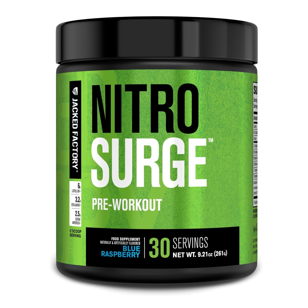 Jacked Factory NITROSURGE Pre Treino Suplemento - Impulsionador de energia, Ganhos de força instantânea, claro foco e bombas intensas - NO Booster e poderoso pré-treino Energia Pó - 30 Servings, Framboesa Azul
