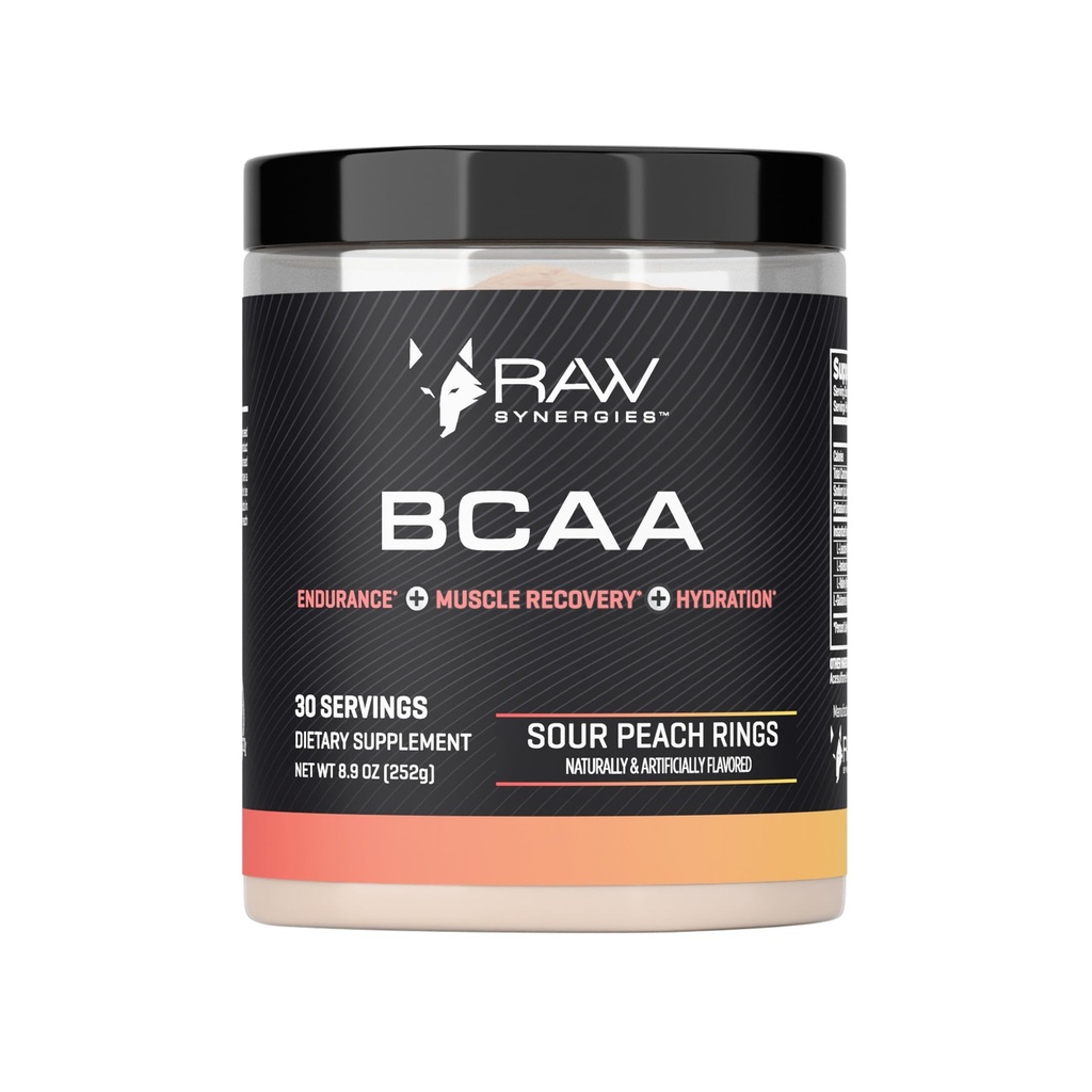 Sinergias RAW BCAA Pó – Vegan 2:1:1 Aminoácidos com L-Glutamina – Recuperação muscular, Endurance & Hydration Support – Anéis de pêssego azedo, 30 Servings