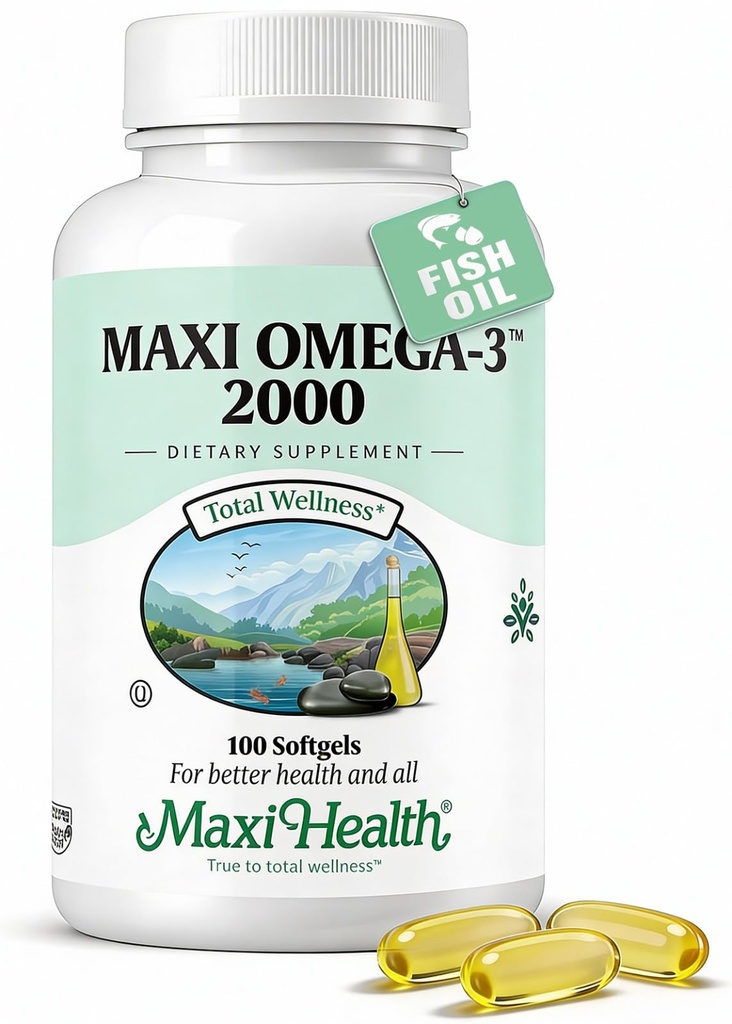Maxi Health Omega 3 Fish Oil 2000mg – Fish Oil Omega 3 Suplementos sem sabor de peixe – Triplo força EPA DHA – Kosher Omega3 Suplemento para ajudar a apoiar o bem-estar geral (100 Softgels)