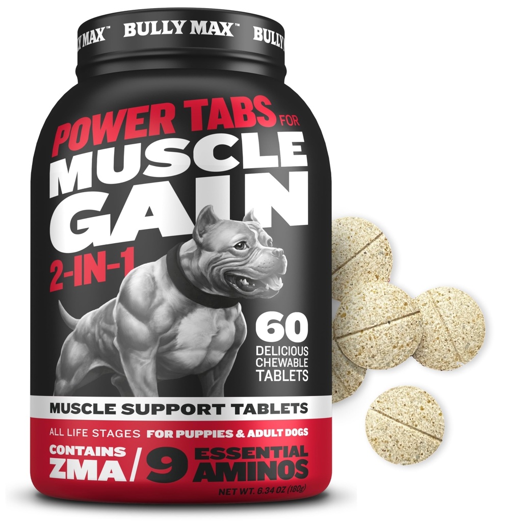 Bully Max 2-em-1 Muscle Builder Comprimidos mastigáveis para filhotes e cães adultos - Puppy & Dog Vitaminas e Suplementos para o ganho e crescimento muscular - Ultimate Canine Multivitamins para todas as raças e idades - 60 Tabs