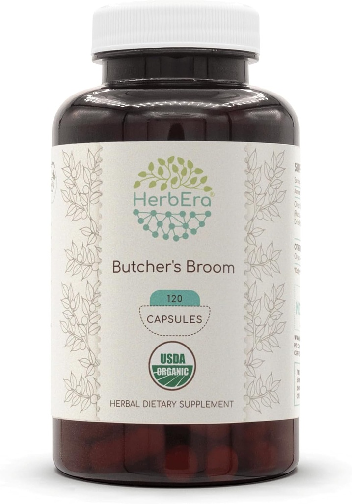HerbEra Butcher's Broom USDA Organic 120 Cápsulas - Suplemento Natural de Ervas - Cápsulas Vegetarianas Orgânicas Certified e Broom (Ruscus aculeatus)