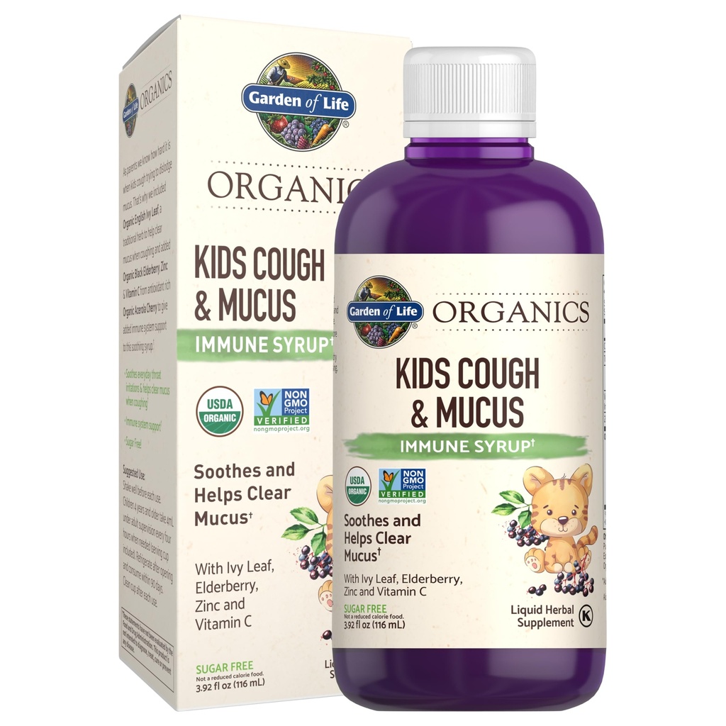 Jardim da Vida Orgânicos Elderberry & Zinco para Crianças Imune Suporte, Crianças Tosse & Muco Imune Xarope com Folha de Ivy, Vitamina C e Echinacea para Crianças, Alcohol-Free, No Added Sugars, 3.92 fl oz
