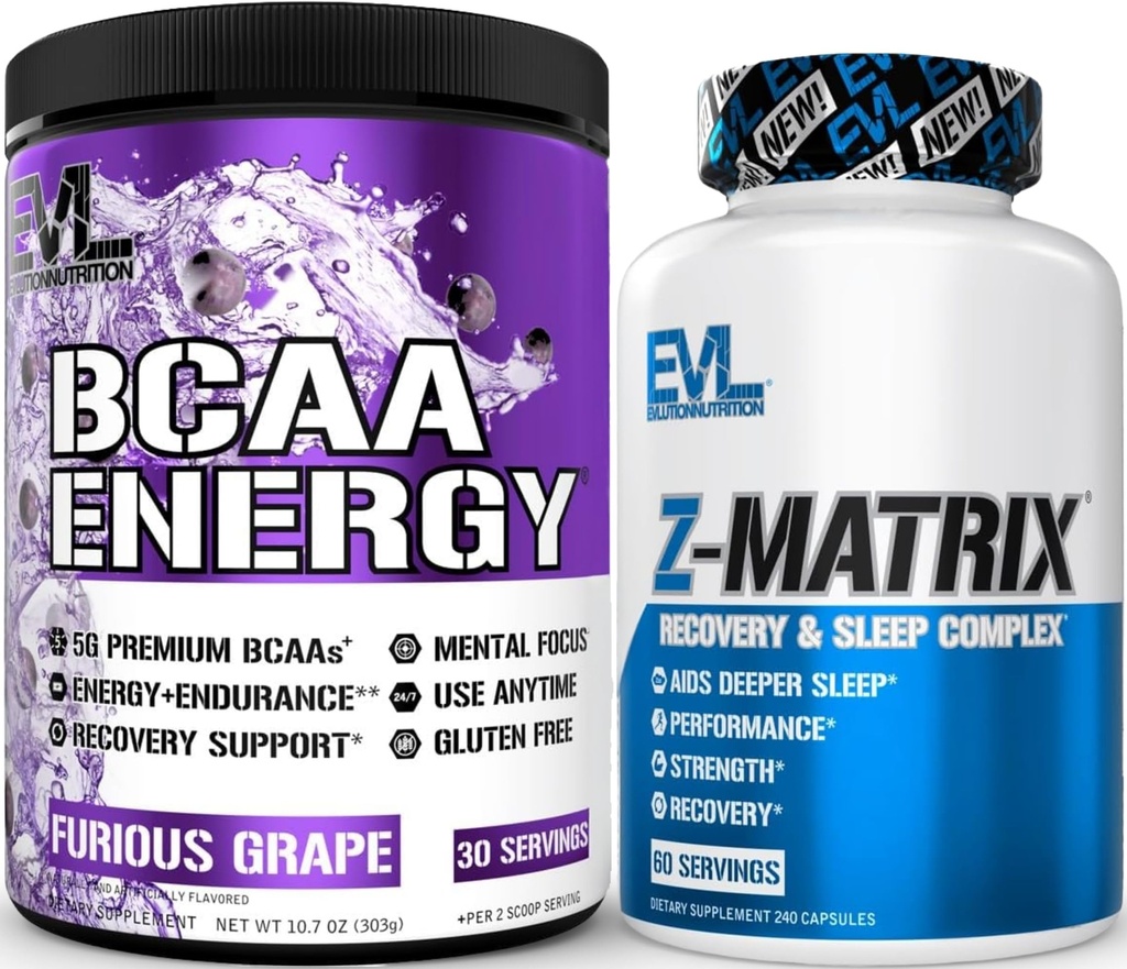 Evluition ZMatrix Magnésio e Zinco Post Treinout Supplement (60 Servings) Plus Reabastecimento BCAAs Aminoácidos Pó para Pré e Pós Exercício (Grape, 30 Servings)