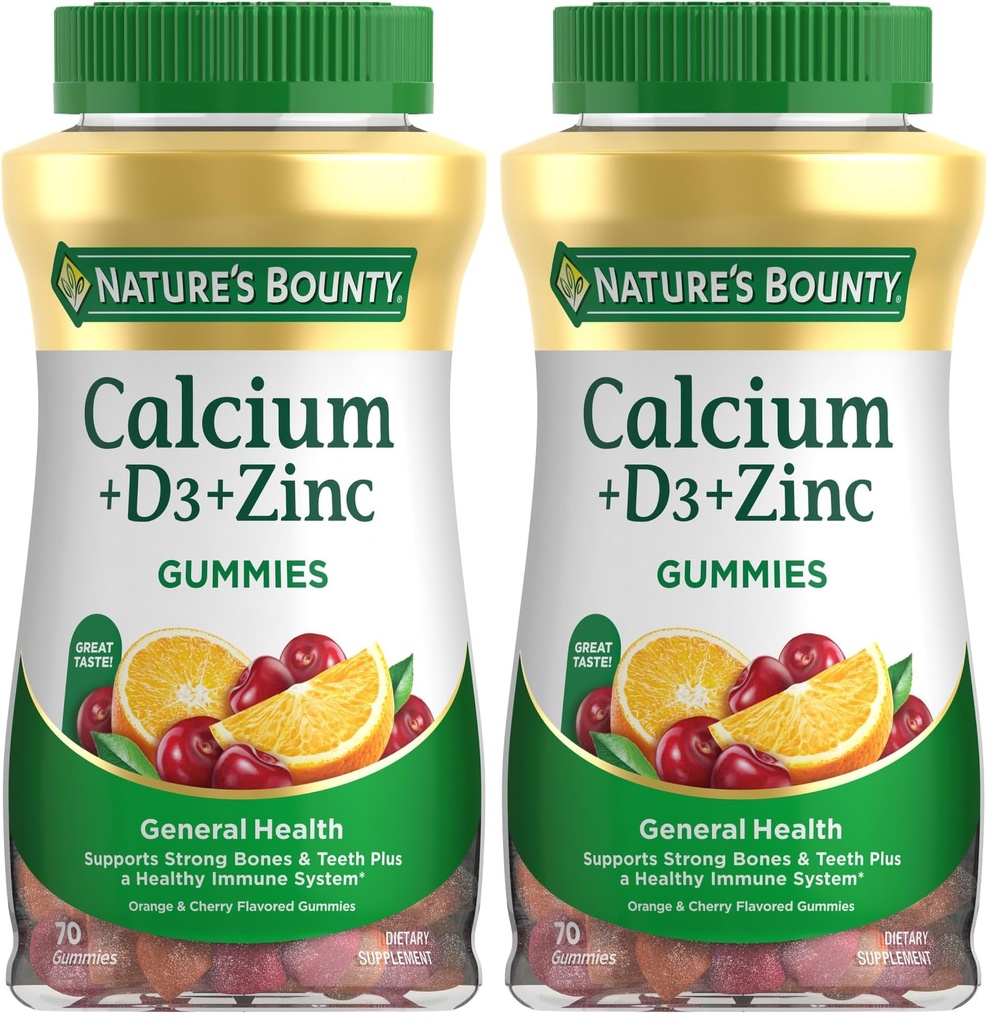 Cálcio da recompensa da natureza + D3 + gomas de zinco, suporta ossos fortes & dentes mais um sistema imunológico saudável, 500mg, laranja e cereja saboreado, 70 chicletes (Pack of 2)