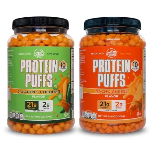 Pacote de variedades de Puffs de proteína de picos gêmeos (Nacho Cheese & Jalapeño Cheddar) – Keto Friendly, Lanche baixo carboidrato (300g cada), 21g de proteína, 2g de carboidratos líquidos, Lanchonete crocante de alta proteína