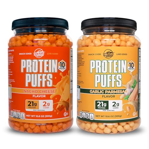 Twin Peaks Low Carb, Keto Friendly Protein Puffs, 1 Jarro Alho Parmesão flavor Puffs + 1 Jarro Nacho Cheese Flavor Puffs