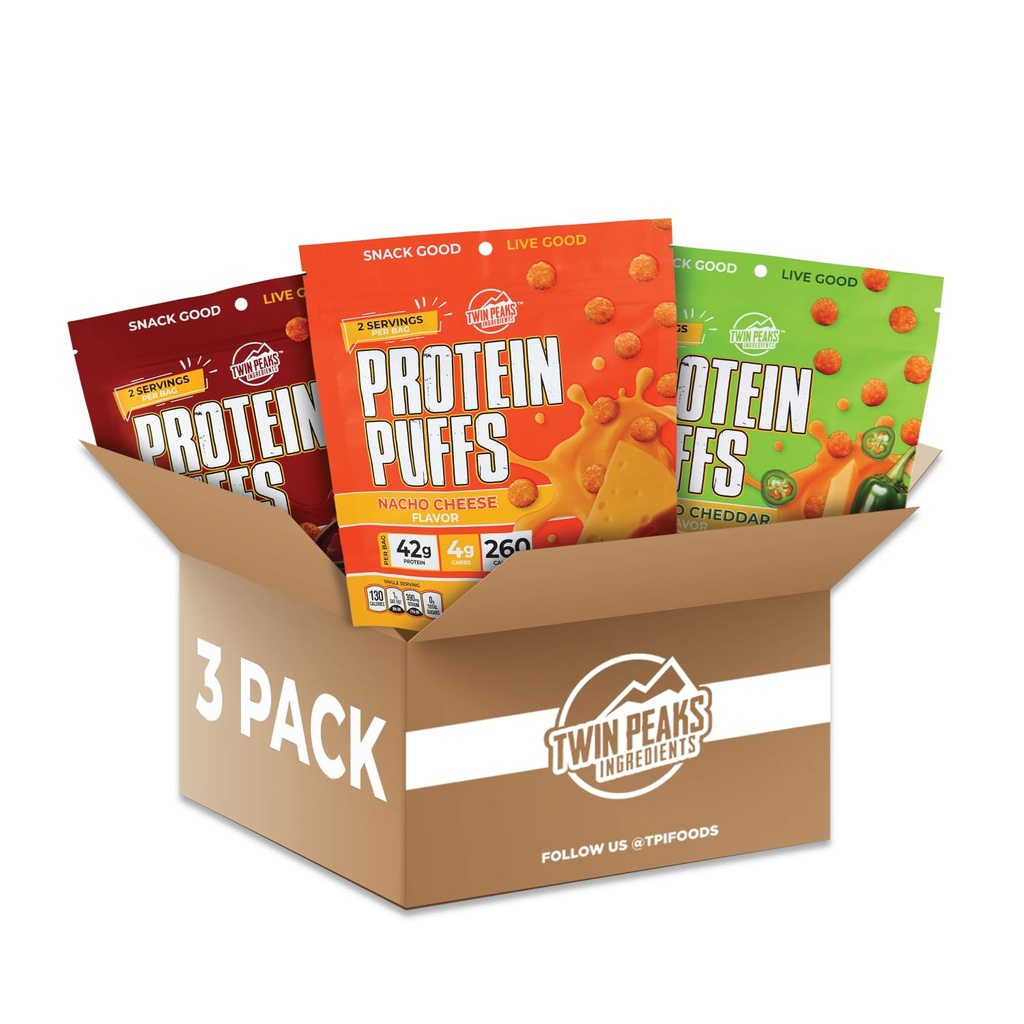 Ingredientes Twin Peaks Baixo Carb, Puffs Keto Friendly Protein, (Pacote Variety, 2,1 Onça), 2 Servings, 3 Pack (60g, 42g Protein, 4g Carbs)