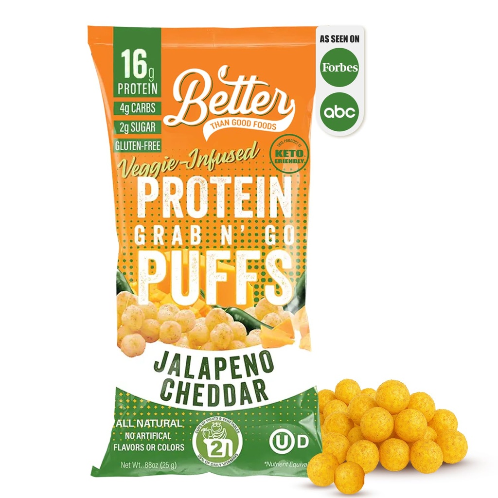 Melhor do que bom Savory Keto Jalapeno Cheddar Protein Puffs -16g proteína sem glúten, baixo açúcar, baixa caloria, Diabetic Friendly Snacks -Snack baixo carboidratos, saudável crianças, sem sabores artificiais (12-Pack)
