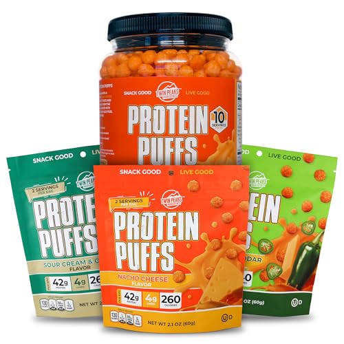 Twin Peaks Low Carb, Keto Friendly Protein Puffs, 3 sacos de Puffs sabor variados + 1 jarro Nacho Cheese Flavor Puffs
