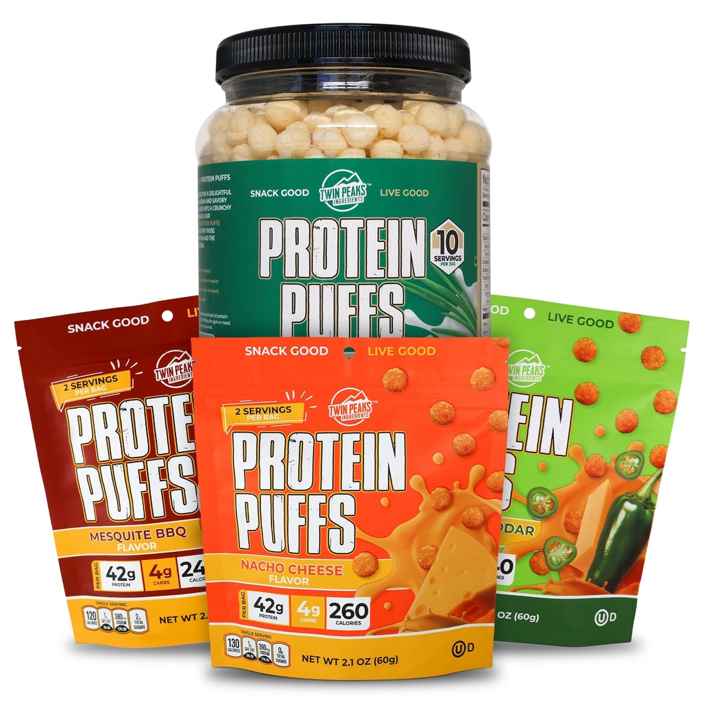 Twin Peaks Low Carb, Keto Friendly Protein Puffs, Creme azedo e cebola + Twin Peaks Ingredientes Low Carb, Keto Friendly Protein Puffs