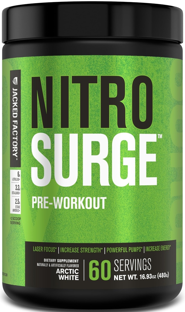 Jacked Factory NITROSURGE Pre Treino Suplemento - Energia sem fim, Ganhos de força instantâneos, Foco claro, Bombas intensas - NO Booster & Powerful Pré-treino Energia Pó - 60 Servings, Ártico Branco