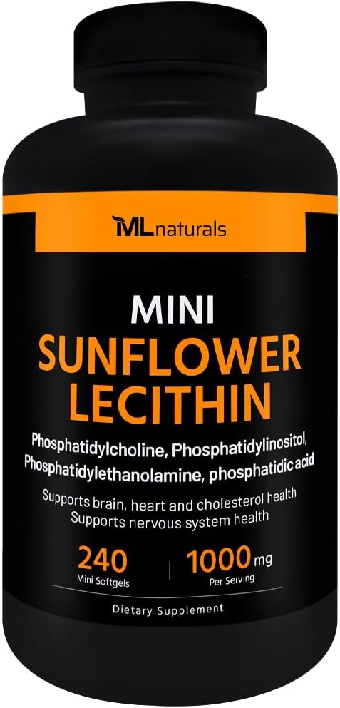 ML Naturals Mini girassol Lecitina 240 Softgels. Fosfatidilcolina, Fosfatidilinositol, Fosfatidiltanolamina, Ácido Fosfatídico, Compatibilizado com NSF e GMPc