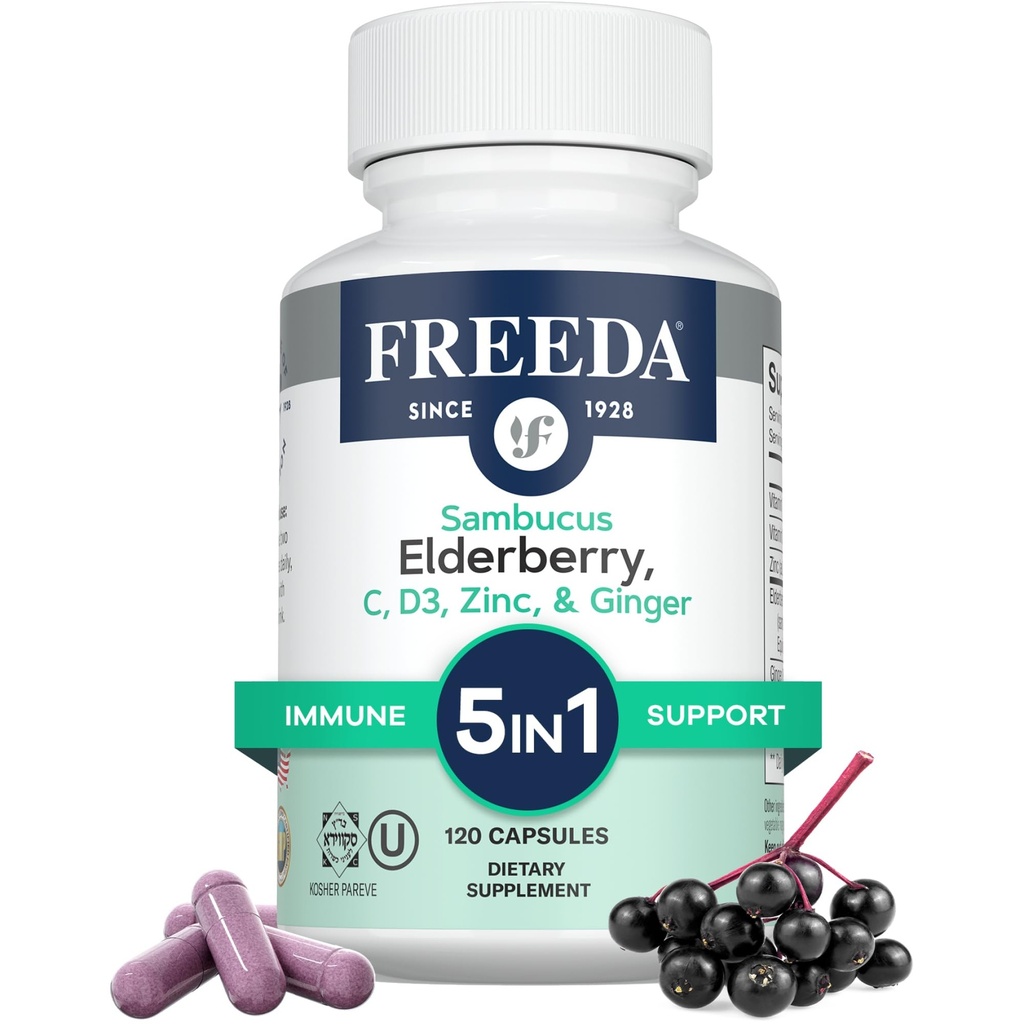FREEDA Sambucus Elderberry com Vitamina C, Zinco, Vitamina D3 & Ginger - 5 em 1 Suplemento de suporte imunológico antioxidante de ervas para mulheres e homens - Cápsulas de elderberry adulto sem glúten, EUA Made (120 Count)