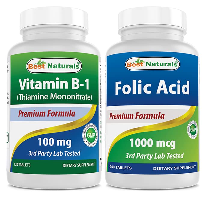 Melhor Naturals Vitamina B1 como mononitrato de tiamina 100 mg & Ácido Fólico 1000 mcg