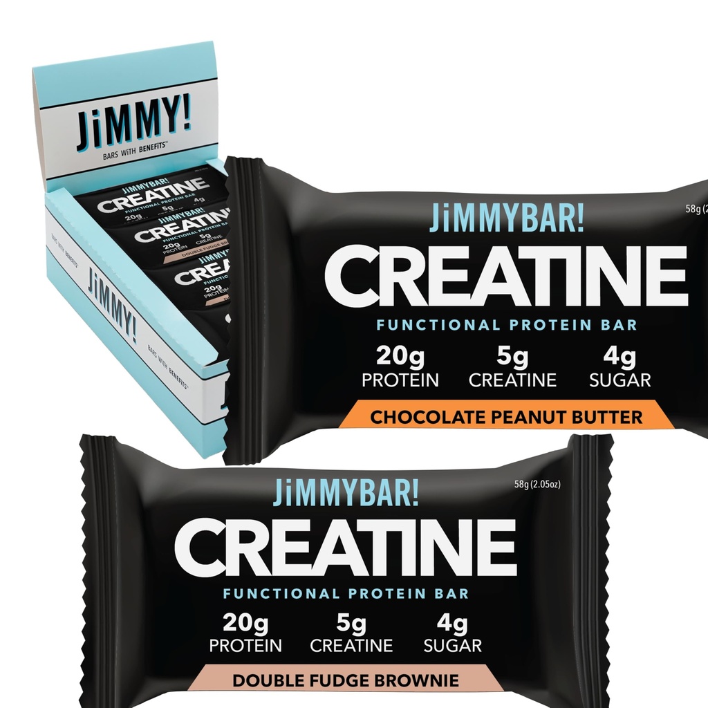 Jimmybar! Creatina Protein Bar - 5g de Creatina Mono-hidratada + 20g Protein - Alta Protein Snack - Suporta Crescimento Músculo, Força e Recuperação - Real Food Energy Bar para Atletas 12 Chocolate Manteiga de amendoim + 12 Fudge Brownie Variety Pack (24 bars)