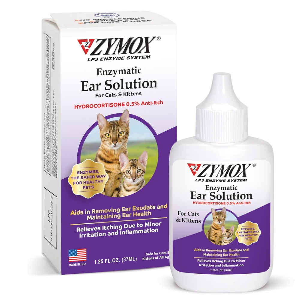 Zymox Solução Enzimática de Orelha com 0,5% de Hidrocortisona para Gatos e Gatinhos, 1,25 oz. – Limpa e refresca Canal de Orelha para alívio de cera, acúmulo de sujeira, coceira, irritação, inflamação e vermelhidão