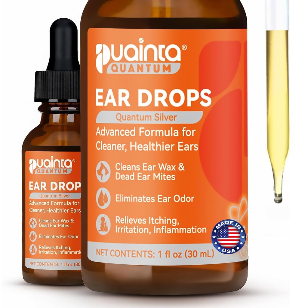 PUAINTA limpador do ouvido do cão, gotas naturais do ouvido do cão e tratamento da infecção, solução de limpeza do ouvido do cão de prata quântica para coceira, irritação e construção de cera, 1 oz