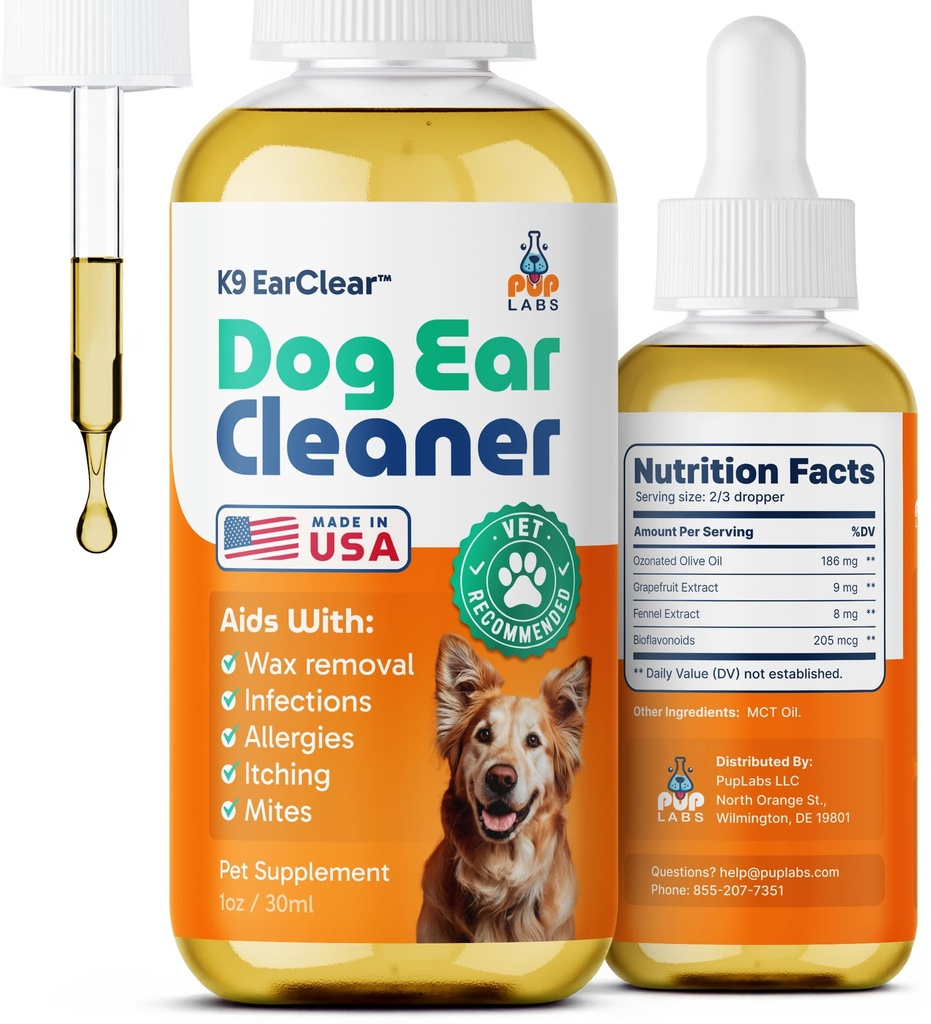 Pup Labs Ear Clear, Natural Dog Ear Cleaner e Tratamento Infecção para Cães, Dog Drops para Coceira, Irritação, & Wax Build-Up, 1 oz garrafa com Dropper
