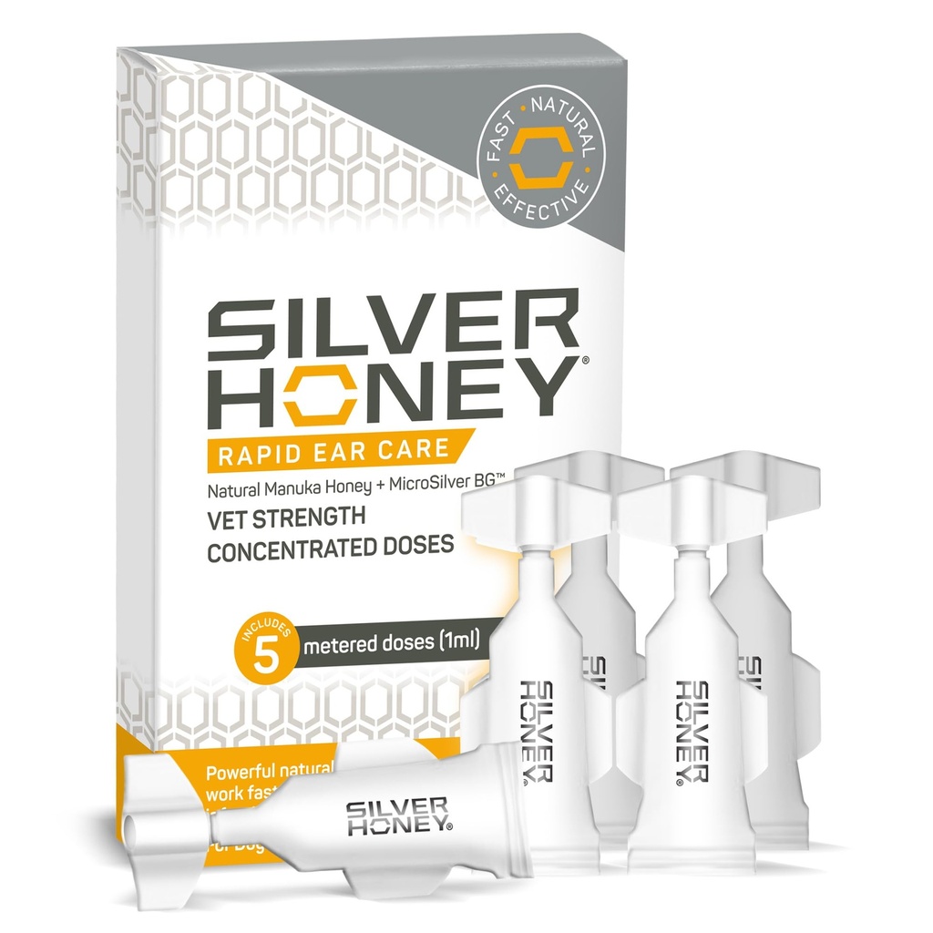 Absorbina Mel de Prata Cuidado rápido do ouvido Vet Doses concentradas de força, 5 gotas de ouvido por 10 dias em 1 orelha para cães e gatos, Manuka Honey grau médico e MicroSilver BG