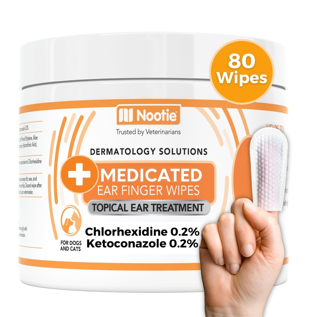 Toalhitas de dedo de ouvido medicado Nootie com clorexidina para cães, Wipes de limpeza de ouvido de cachorro gentil para coceira, ouvidos sensíveis - Ajuda a remover cera, acúmulo de sujeira, e Odor 80 Wipes - Made in USA