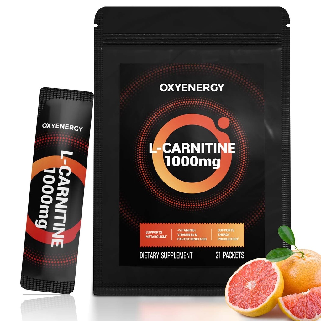 OxyEnergy L líquido L-Carnitina Suplemento 1000mg - Gentil para o uso diário, Caloria zero, Livre de açúcar, Estim-livre de queima de gordura & Endurance Booster, 21 On-the-Go varas líquidas individuais