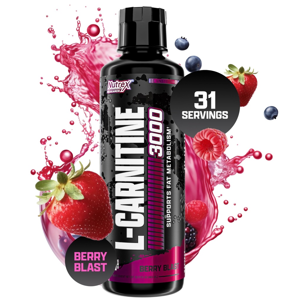 Nutrex Research L-Carnitine 3000 (31 Servings, Berry Blast) □ Tiros líquidos, Estimulante Livre □ Suporta recuperação muscular para homens e mulheres